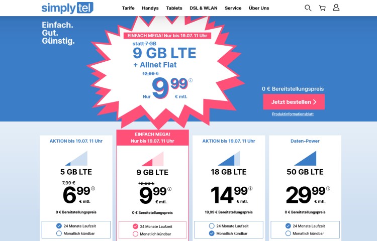 simplytel: Allnet-Flat mit 18 GB Daten für 14,99 Euro und 9 GB für 9,99 Euro