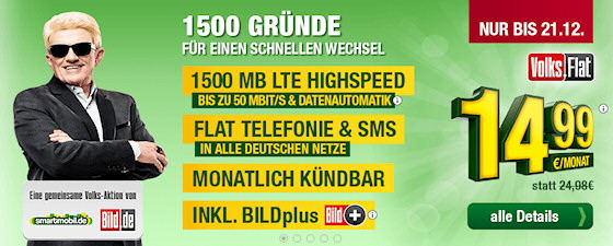 smartmobil: LTE 1500 Volks-Flat inkl. BILDplus Abo für 14,99 Euro