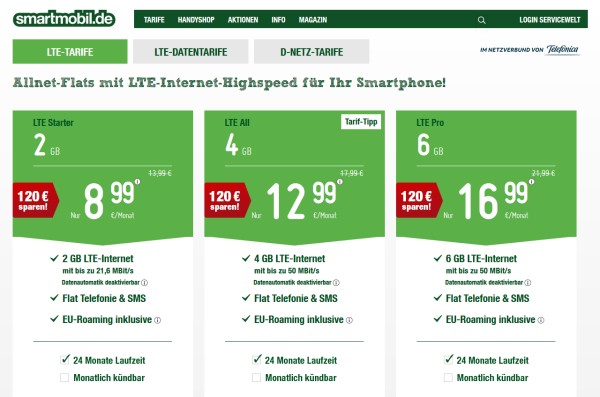 Neue LTE Allnet-Tarife bei smartmobil.de