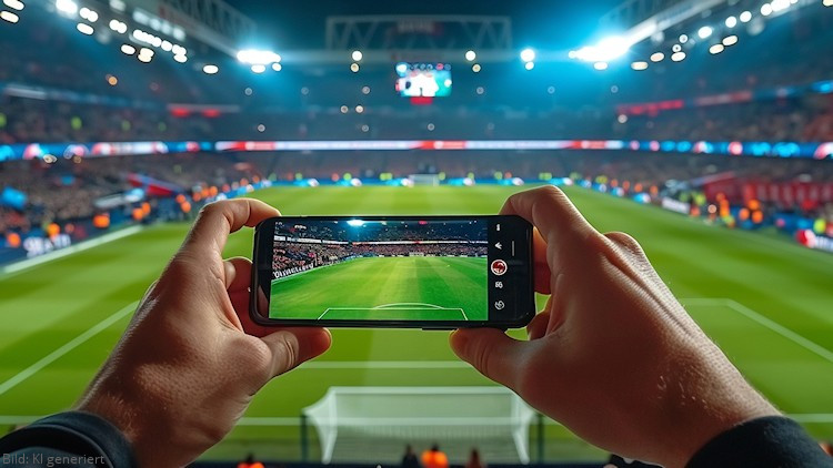 (Zum Auftaktspiel verzeichnete O2 Telefónica mehr als 1 Million Gigabyte Datennutzung pro Stunde; Bild: KI generiert) Smartphone im Fußballstadion