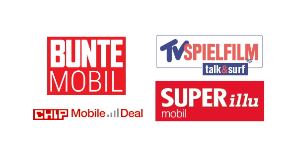 Logos der Mobilfunkmarken Bunte Mobil, Chip Mobile, TV Spielfilm Talk und SUPERillu Mobil