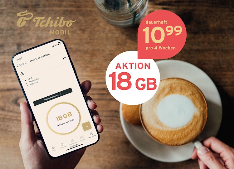 Aktionstarif von Tchibo Mobil: 18 GB für 10,99 Euro (Bild: Tchibo Mobil) Aktionstarif von Tchibo Mobil: 18 GB für 10,99 Euro