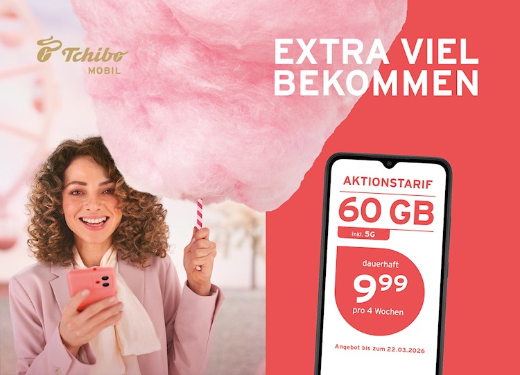 Tchibo Mobil: Aktionstarif mit 60 GB Datenvolumen für 9,99 Euro (Bild: Tchibo Mobil) Tchibo Mobil: Aktionstarif mit 60 GB Datenvolumen für 9,99 Euro
