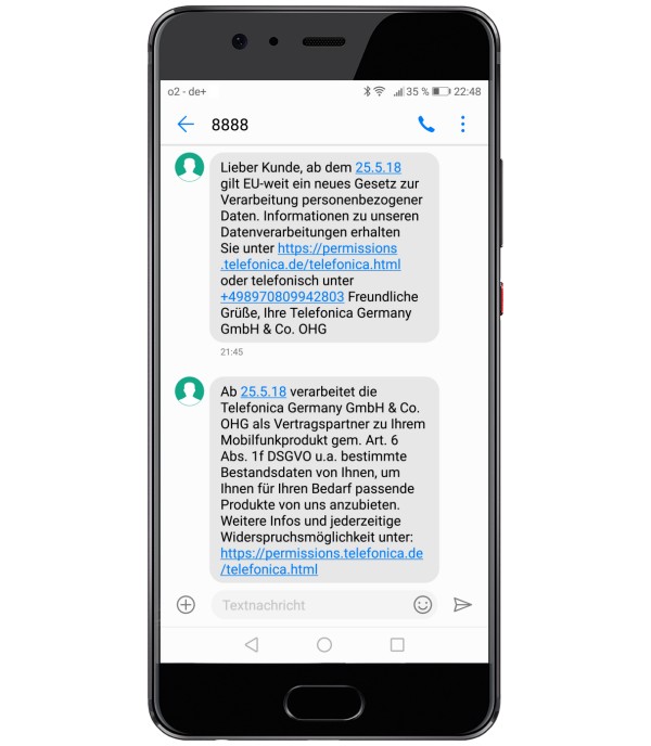 Telefónica: SMS zu EU-DSGVO (Screenshot: tarif4you.de) Telefónica: SMS zu EU-DSGVO