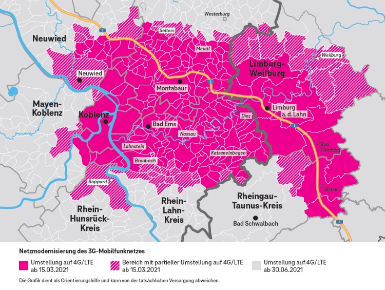 Ab dem 15. März 2021 wird das 3G-Netz der Telekom im Großraum Koblenz-Limburg modernisiert