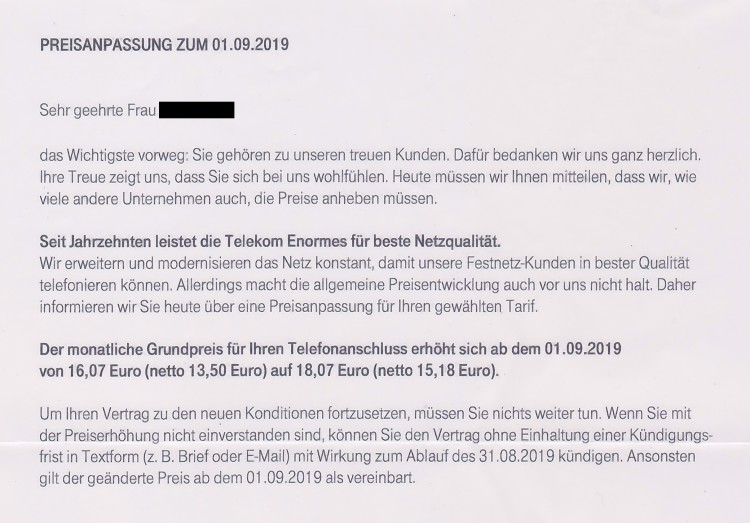 Telekom: Preiserhöhung T-Net (Alt-Tarif) zum 01.09.2019