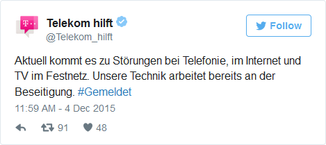 Telekom bestätigt Störung via Twitter