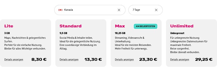 Telekom T-Travel Angebot - Beispiel Kanada für 7 Tage (Screenshot: https://t-travel.com) Telekom T-Travel Angebot - Beispiel Kanada für 7 Tage