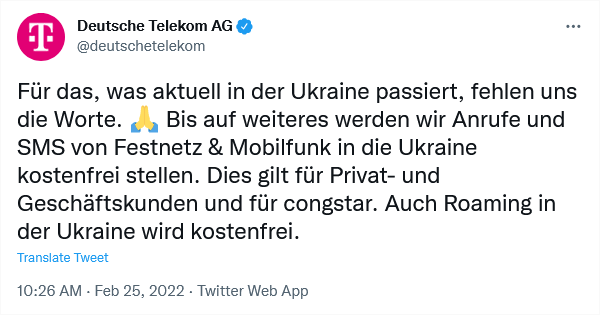 Deutsche Telekom auf Twitter zu kostenfreien Anrufen und SMS in die Ukraine