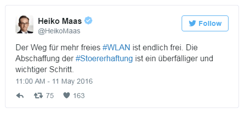 Tweet des Bundesjustizministers Heiko Maas (SPD) zur Abschaffung der Störerhaftung