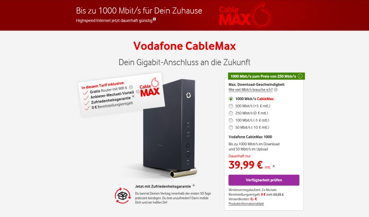 Vodafone CableMax 1000 Tarif für 39,99 Euro monatlich