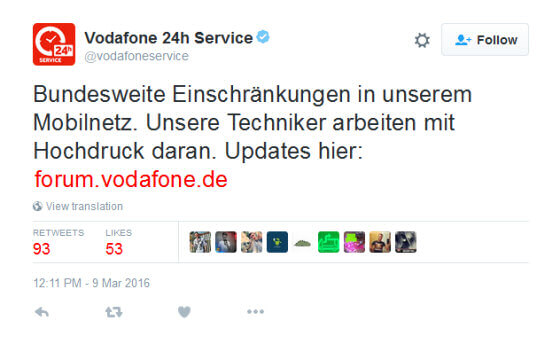 Vodafone Tweet: Bundesweite Einschränkungen im Mobilnetz