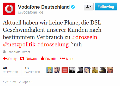 Vodafone Tweet zu angeblich geplanten DSL-Drosselung