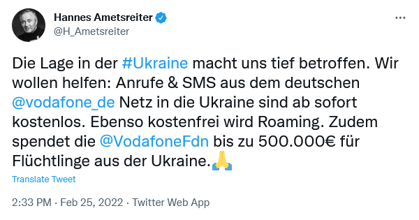 Vodafone auf Twitter zu kostenfreien Anrufen und SMS in die Ukraine