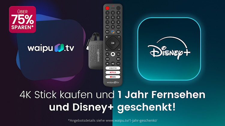 waipu.tv 4K Stick mit Perfect Plus und Disney+ Standard mit Werbung Jahrespaket (Bild: waipu.tv) waipu.tv 4K Stick mit Perfect Plus und Disney+ Standard mit Werbung Jahrespaket