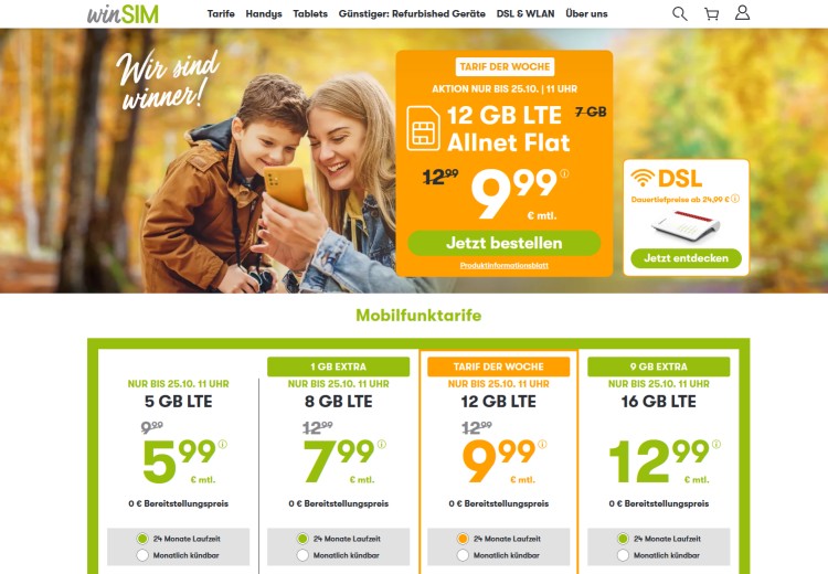 winSIM: LTE All Tarif mit 12 GB für 9,99 Euro