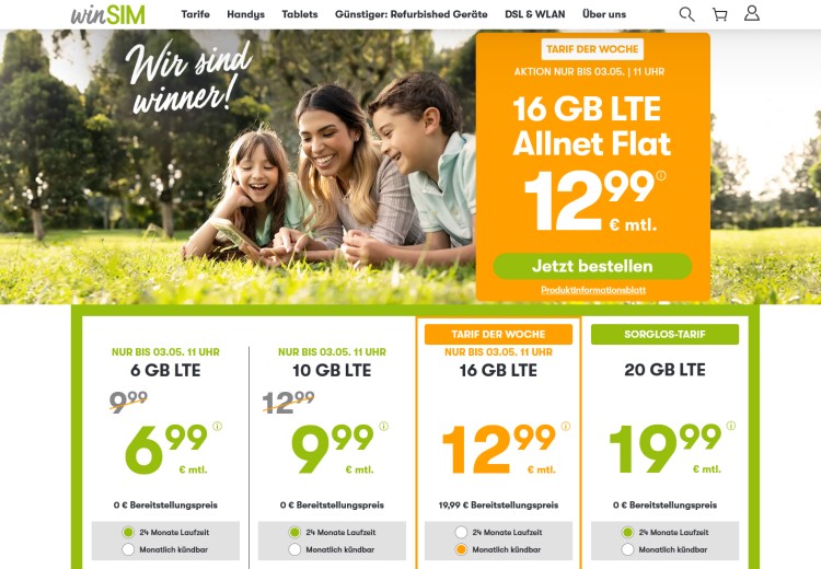 winSIM Aktion: LTE-Tarif mit 16 GB für 12,99 Euro pro Monat