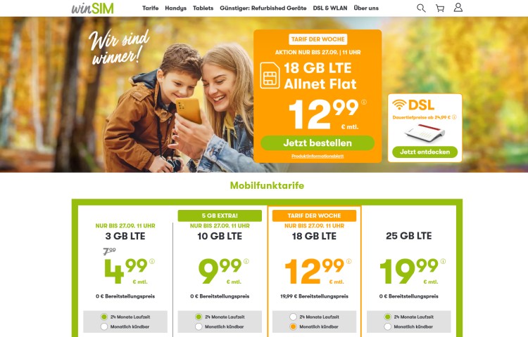 LTE-Vertrag mit 18 GB für 12,99 Euro monatlich – Aktionstarif von winSIM
