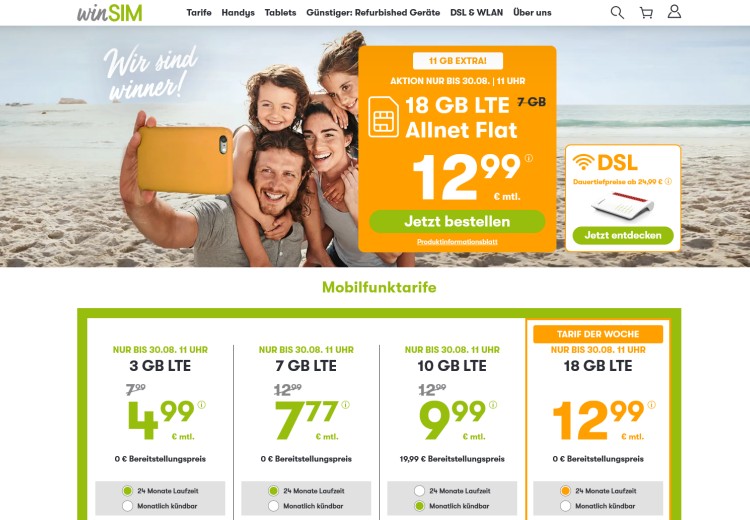 winSIM: LTE All Tarif mit 18 GB für 12,99 Euro