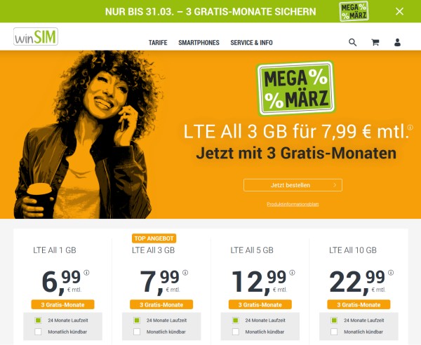 Mega-März - 3 Gratis-Monate bei winSIM
