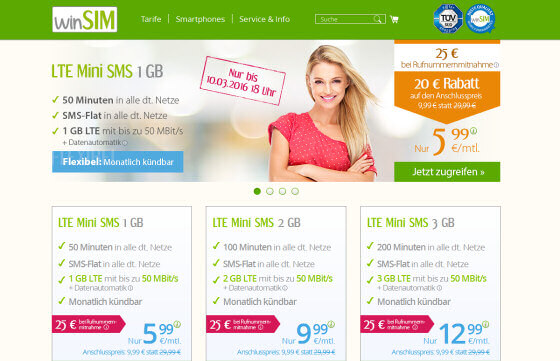 winSIM Angebote für LTE Mini SMS Tarife