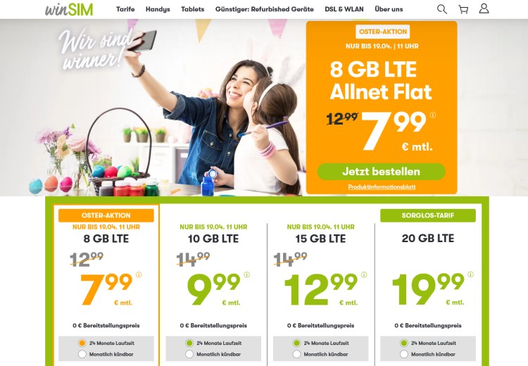 winSIM: LTE All Tarif mit 8 GB für 7,99 Euro