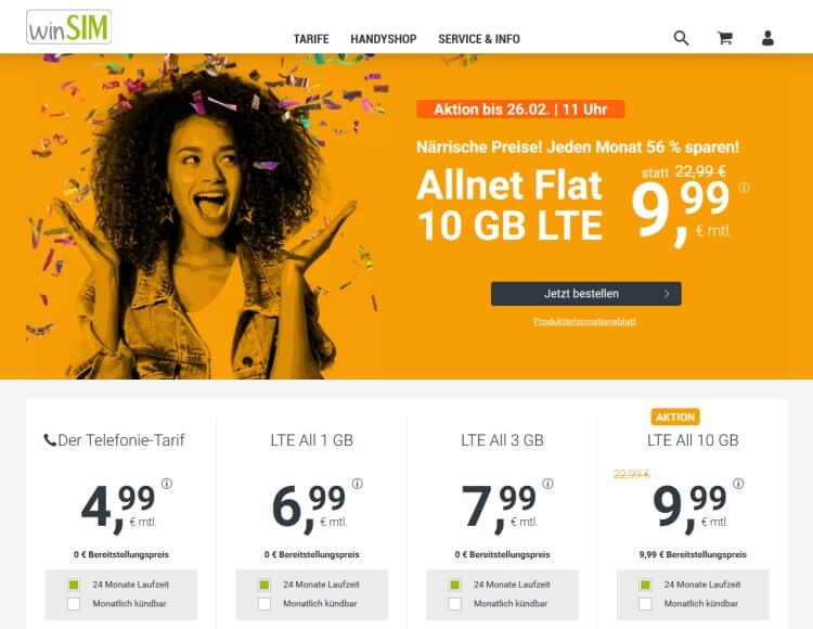 winSIM LTE Tarif mit 10 GB für 9,99 Euro