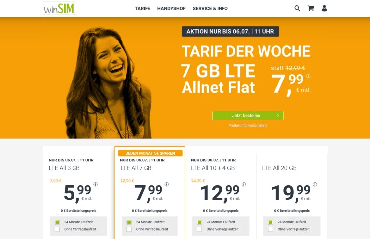 winSIM: Allnet-Flat mit 7 GB LTE Datenvolumen für 7,99 Euro