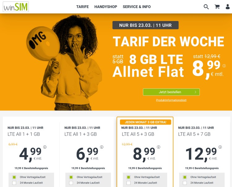 winSIM LTE All Aktion: 8 GB Tarif für 8,99 Euro