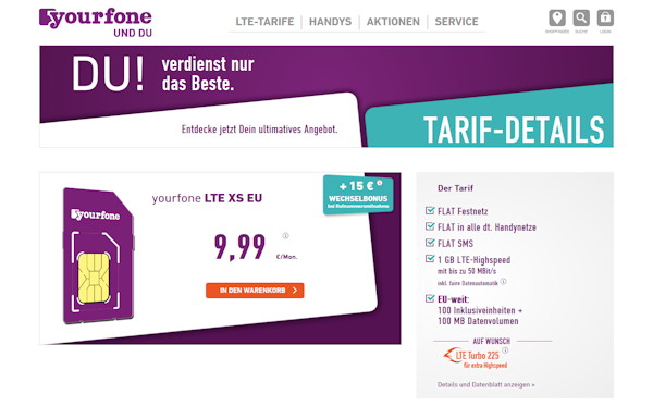 yourfone LTE XS EU Tarif für 9,99 Euro